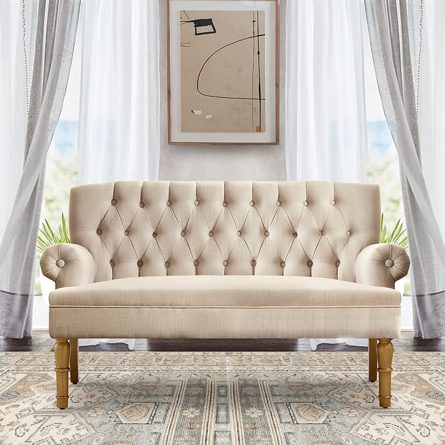 Warm Beige Tufted Loveseat Sofa Set With Rolled Arms And Linen Fabric
