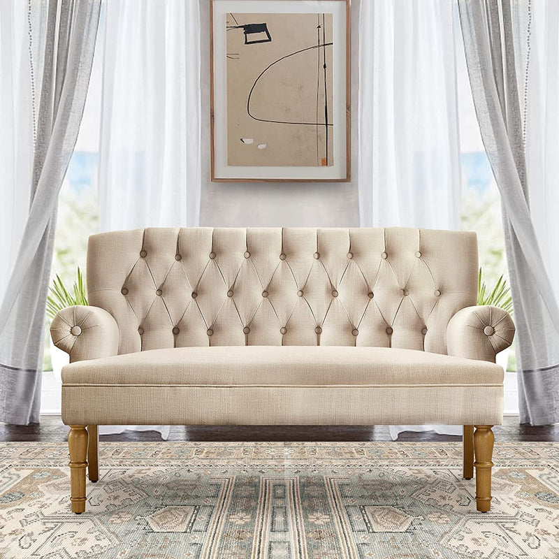 Warm Beige Tufted Loveseat Sofa Set With Rolled Arms And Linen Fabric