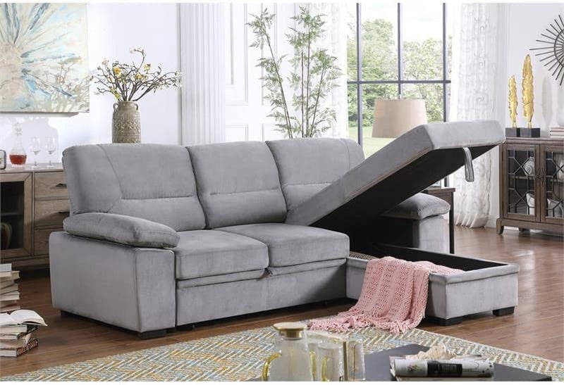 Gray Velvet Reversible Sleeper Sectional Sofa With Storage