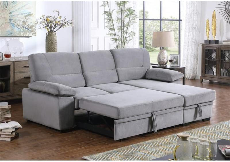 Gray Velvet Reversible Sleeper Sectional Sofa With Storage