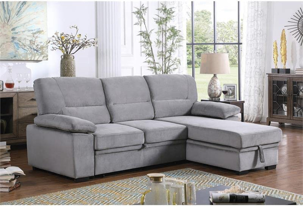Gray Velvet Reversible Sleeper Sectional Sofa With Storage
