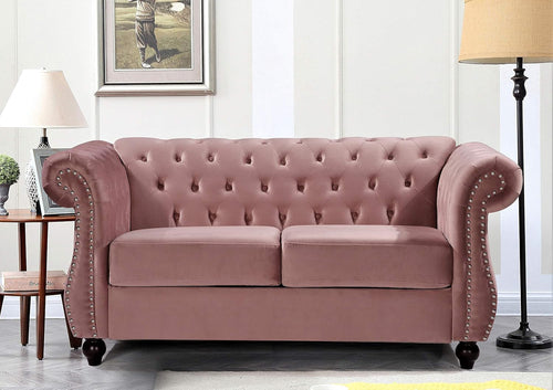 Modern Pink Velvet Chesterfield Loveseat With Tufted Back