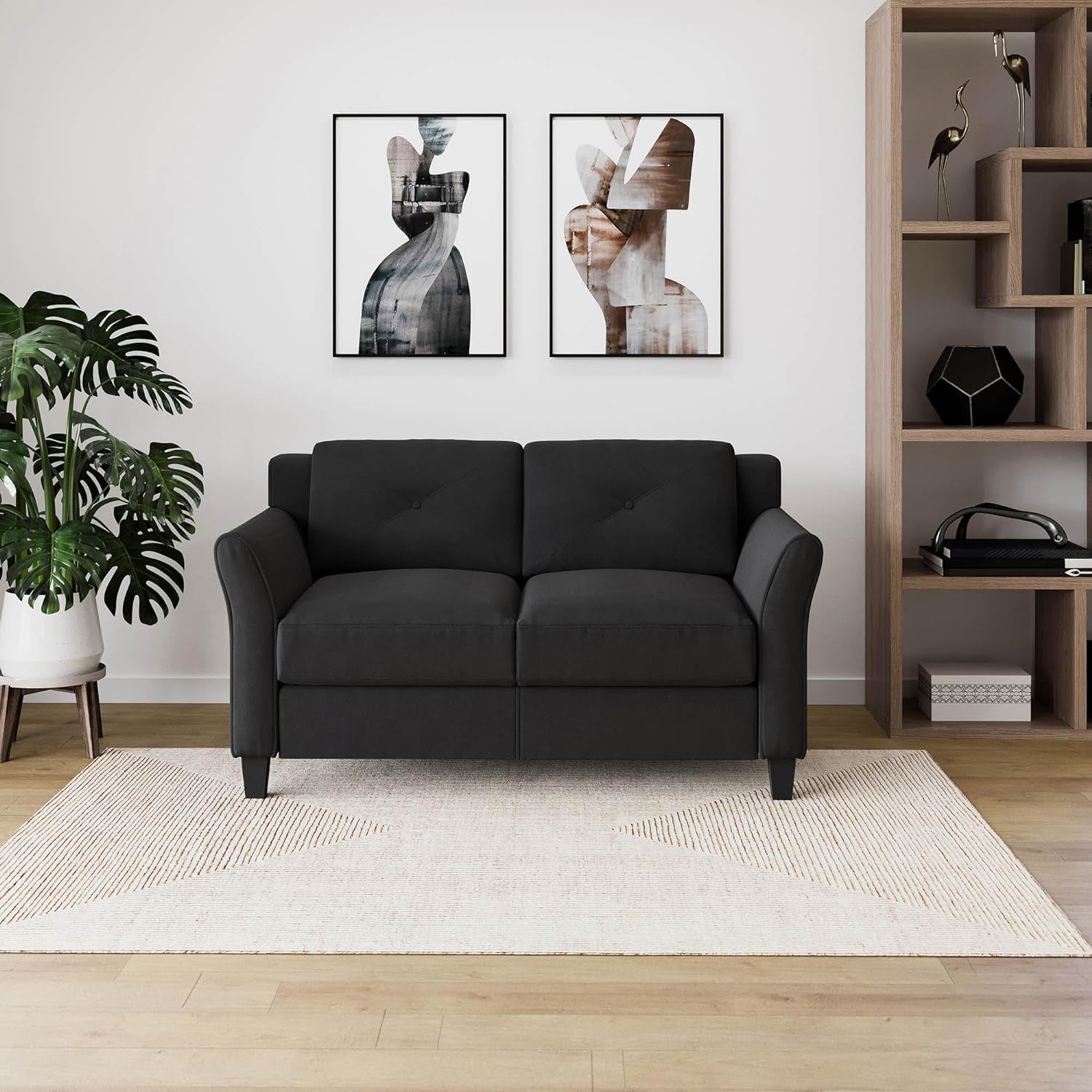 57 Inch Black Loveseat With Tufted Back Stain Resistant
