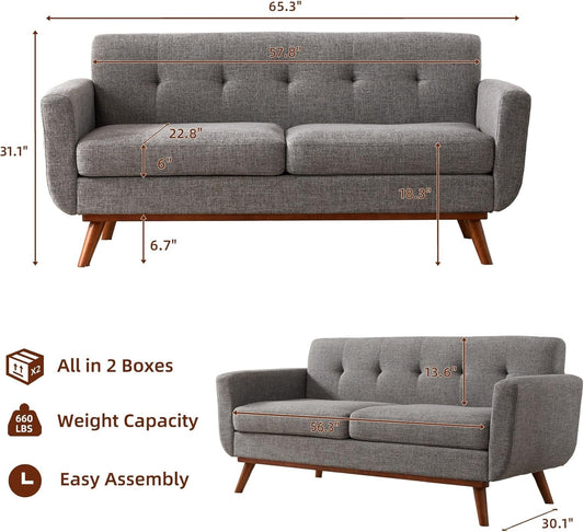 Grey Mid Century Modern Loveseat Sofa 65.3 Inch Living Room