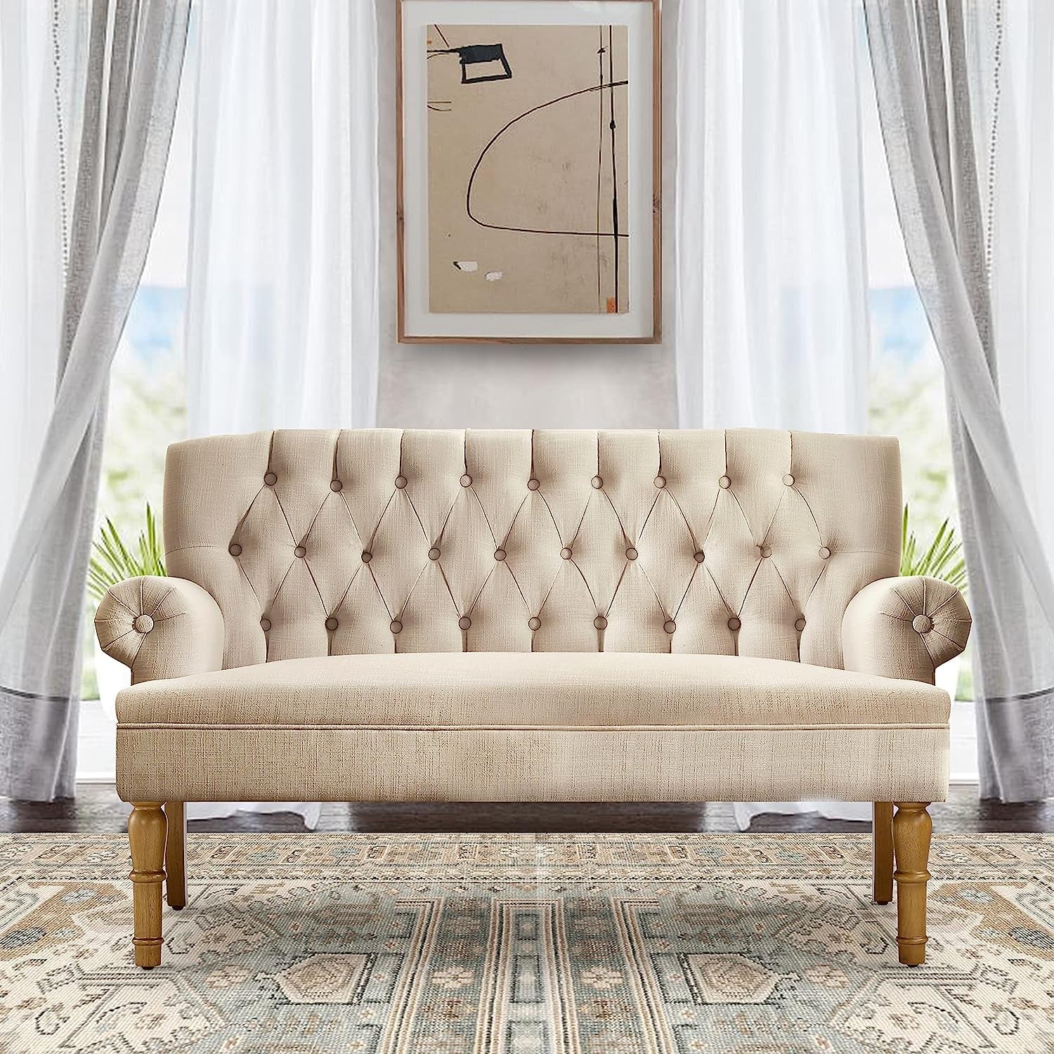 Warm Beige Tufted Linen Love Seat For Small Spaces