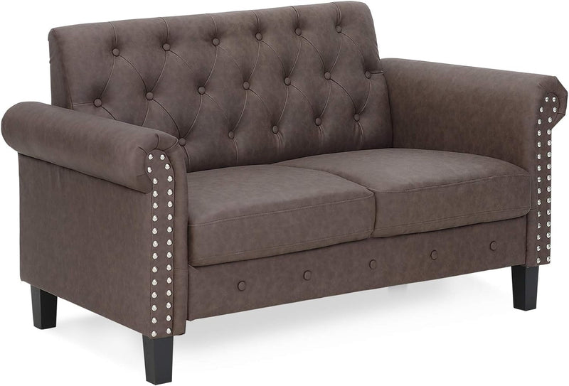 Two Seater Tufted Black Faux Leather Loveseat for Living Room