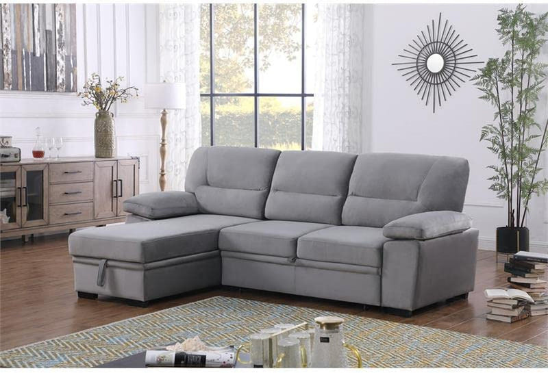 Gray Velvet Reversible Sleeper Sectional Sofa With Storage