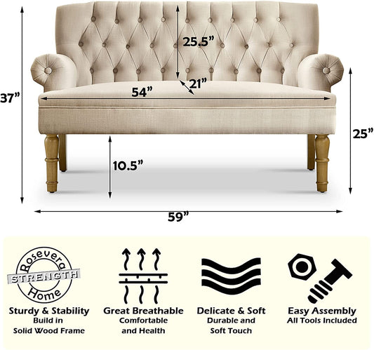 Warm Beige Tufted Loveseat Sofa Set With Rolled Arms And Linen Fabric