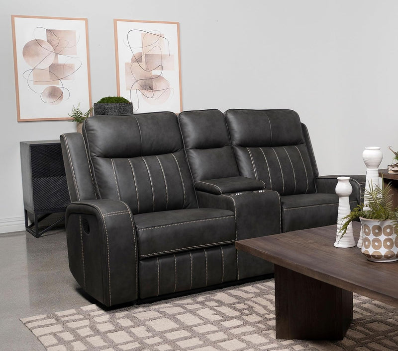 Gray Faux Leather Reclining Loveseat With Manual Recline
