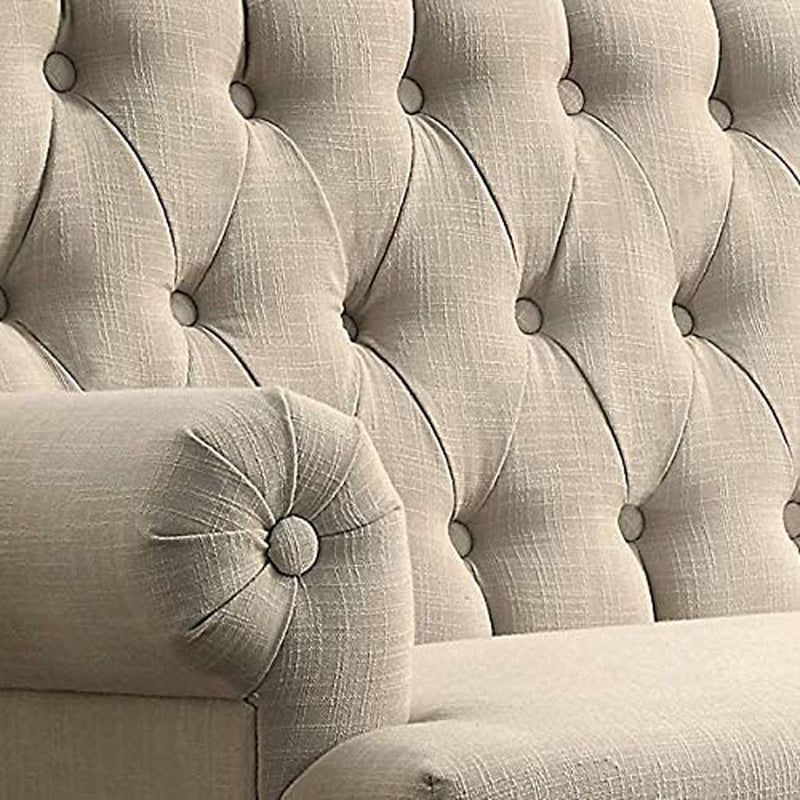 Warm Beige Tufted Loveseat Sofa Set With Rolled Arms And Linen Fabric